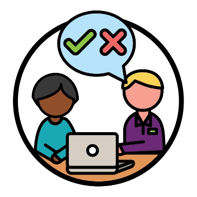 An NDIA worker and a person looking at a computer. There is a speech bubble between them with a tick and a cross inside of it.