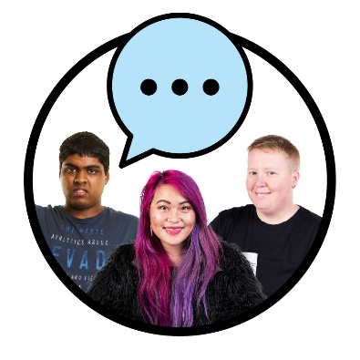 3 people with a speech bubble above them. 