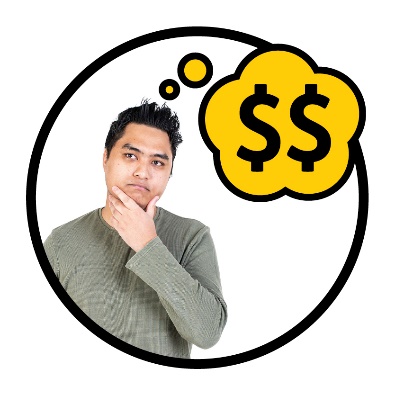 A person thinking. Above them is 2 dollar signs inside a thought bubble.