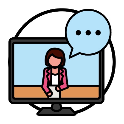 A TV that shows a news reporter. Above them is a speech bubble.