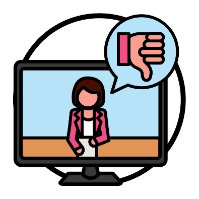 A TV that shows a news reporter. Above them is a thumbs down inside a speech bubble.