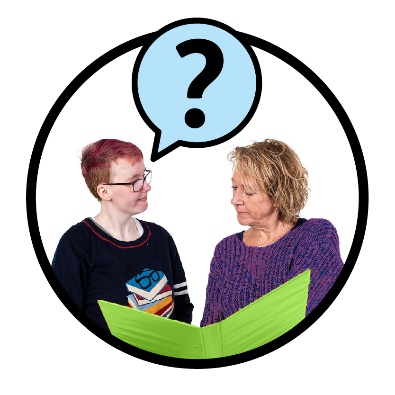 2 people reading a document. Above them is a question mark inside a speech bubble.