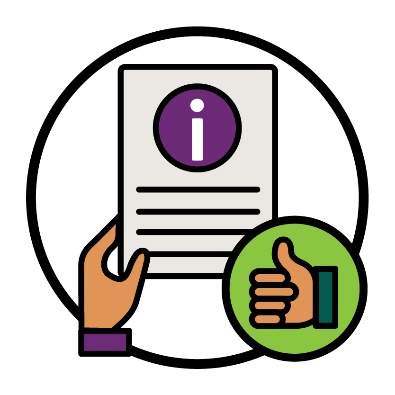 A document with an information icon on it next to a thumbs up.