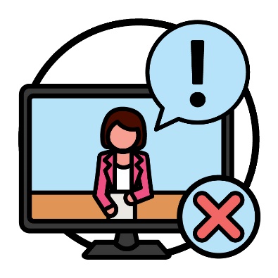 A TV that shows a news reporter next to a cross. Above them is an exclamation mark inside a speech bubble.