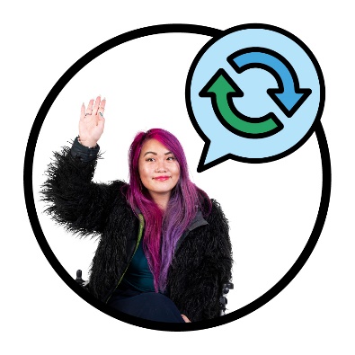 A person raising their hand next to them is a change icon inside a speech bubble.