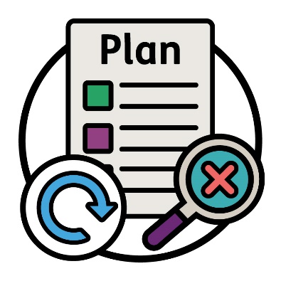 An NDIS plan, a change icon and a magnifying glass that shows a cross.