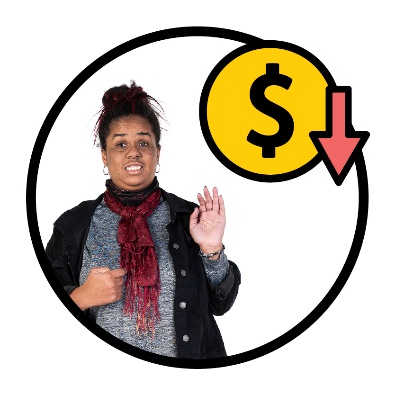 A person pointing to themself. Above them is a dollar sign with an arrow pointing down. 