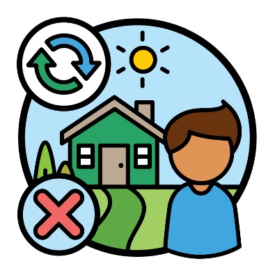 A person in front of their home. Next to them is a change icon and a cross.