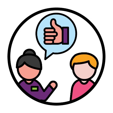 A person meeting with an NDIA worker. Above them is a thumbs up inside a speech bubble.