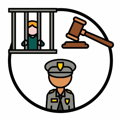 A person in a prison, a gavel and a police officer.