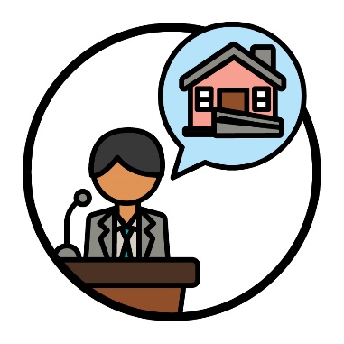 A person who works for the government. Above them is a house inside a speech bubble.
