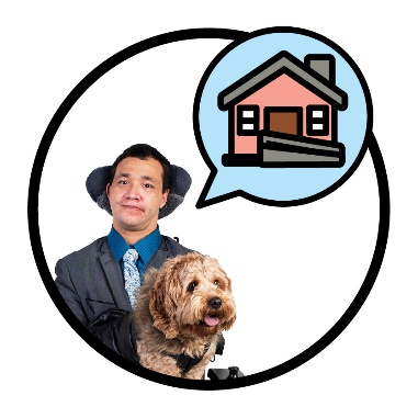A person with their support animal. Above them is a house inside a speech bubble.
