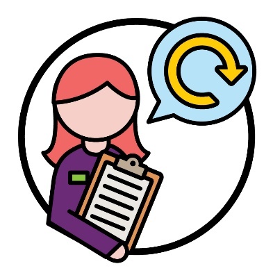 An NDIA worker holding a clipboard. Next to them is an update icon inside a speech bubble.