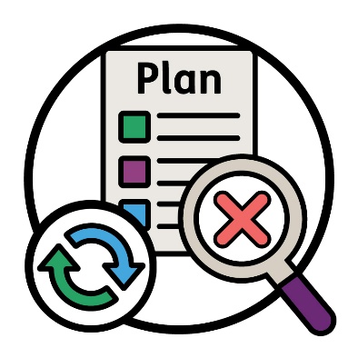 An NDIS plan document and a change icon. Next to it is a cross inside a magnifying glass.