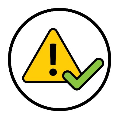 A problem icon and a tick.