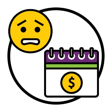 A worried face and a calendar with a money icon on it.