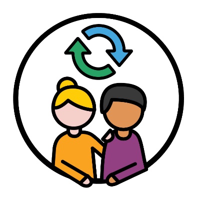 A person supporting someone else. Above them is a change icon.