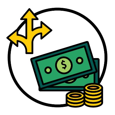 An arrow splitting into 3 different directions next to a pile of money.