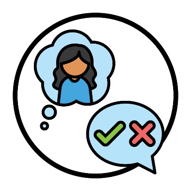A participant inside a thought bubble and a tick and a cross inside a speech bubble.