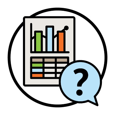 A research paper next to a question mark in a speech bubble.