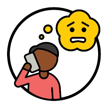 A person on the phone with a thought bubble showing a worried face.
