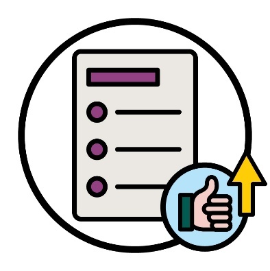A document with a list on it next to a thumbs up and an upwards arrow.