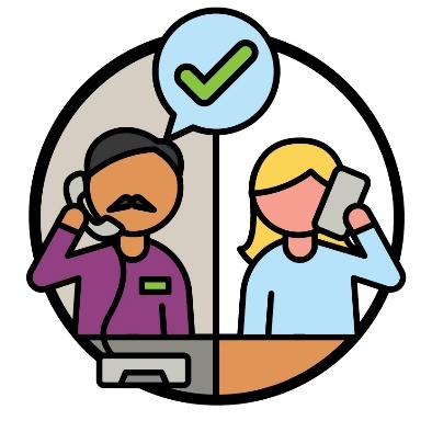 An NDIA worker on a phone call with a participant. Above them is a tick inside a speech bubble.