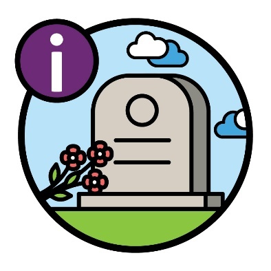 An information icon next to flowers on a grave.