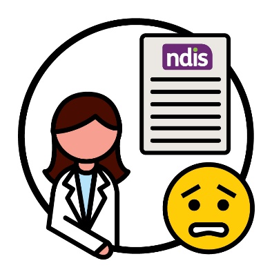 A worried face next to a healthcare worker and an NDIS document.