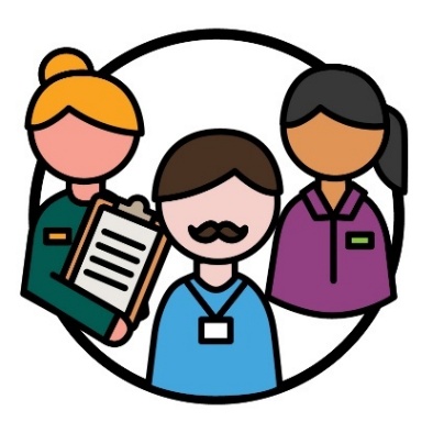 3 different providers. A person with a clipboard, a doctor and a person wearing a name badge.