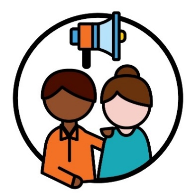 A person supporting someone else. Above them is a megaphone.