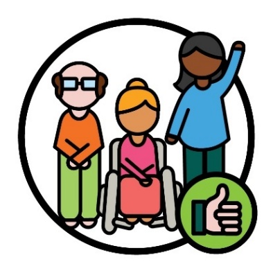 A group of participants and a thumbs up.