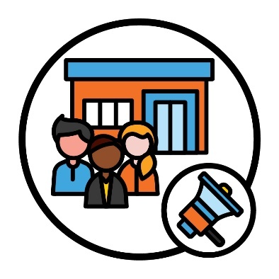 An office building and a group of workers. Next to them is a megaphone.