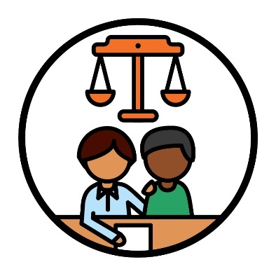 A person supporting someone else to read a document. Above them are the justice scales.