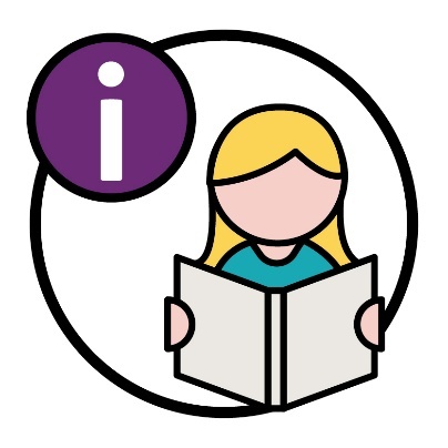 A person reading a document next to an information icon.