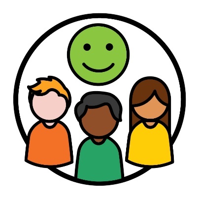 A happy face above 3 people.