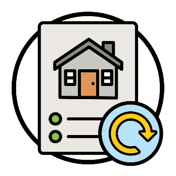 A document with a house on it next to an update icon.