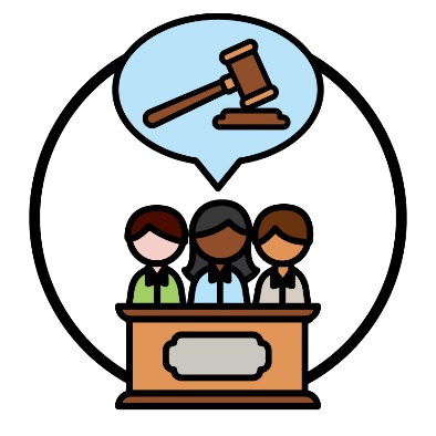 3 people behind a bench. Above them is a gavel inside a speech bubble.