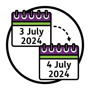 A calendar that says '3 July 2024' with an arrow pointing to a calendar that says '4 July 2024'.