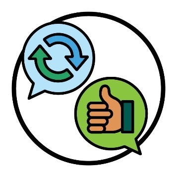 A change icon inside of a speech bubble next to a thumbs up inside of a speech bubble.