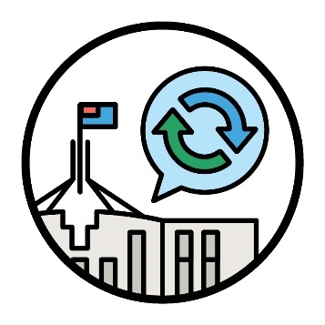 A government building beneath a change icon inside of a speech bubble.