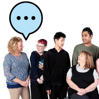 A group of people having a conversation beneath a speech bubble.