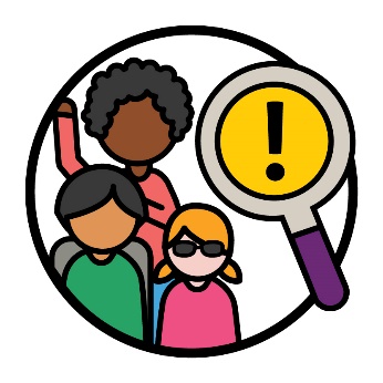 3 people with disability and one person is raising their hand. Next to them is a magnifying glass that shows a problem icon.