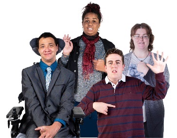 A group of people with disability. 2 of the people are raising their hands and pointing to themselves.