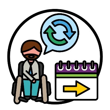 Someone beneath a change icon inside of a speech bubble. Beside them is a calendar showing an arrow pointing forward.