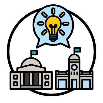 2 government buildings beneath a lightbulb inside of a speech bubble.