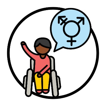 Someone in a wheelchair raising their hand beneath a gender symbol inside of a speech bubble.