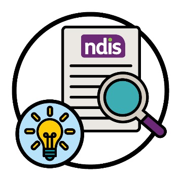 An NDIS document, a magnifying glass and a lightbulb.