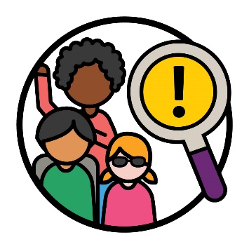 A group of people with disability and a problem icon inside of a magnifying glass.