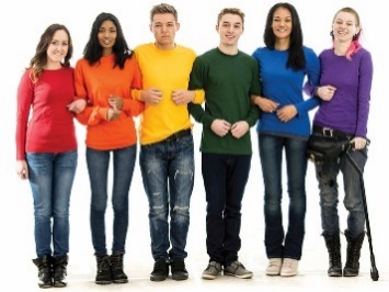 A group of 6 LGBTIQA+ people. They are wearing colourful shirts in the colours of a rainbow.